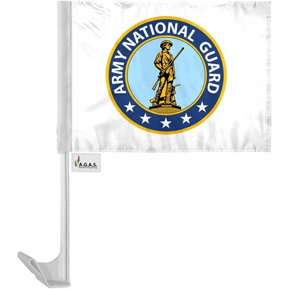 AGAS National Guard Car Flag - 12x16 inch - Single Sided Printed Polyester - Double Stitched Edges - 17 inch White Plastic Flexible Pole with a Window Plastic Clip On.