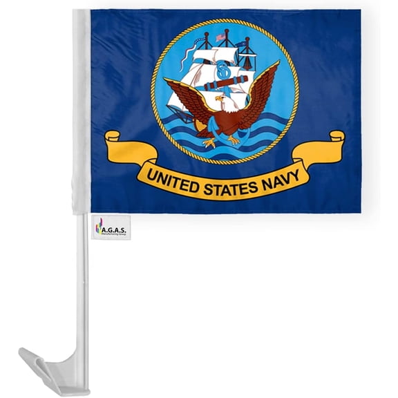 AGAS Navy Car Flag - 12x16 inch - Single Sided Printed Polyester - Double Stitched Edges - 17 inch White Plastic Flexible Pole with a Window Plastic Clip On.