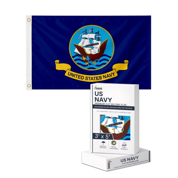 AGAS Navy Flag 3x5 Ft - Printed 200D Nylon Canvas Header Two Brass Grommets US Military Navy Flag