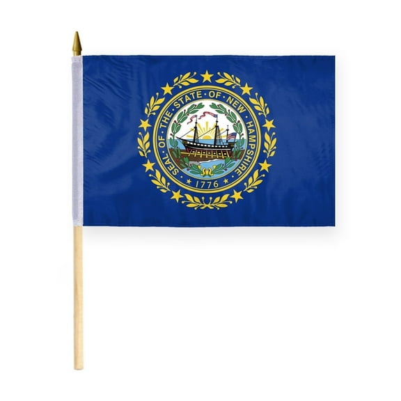 AGAS New Hampshire Stick Flag 12x18 Inch with 24 inch Wood Pole - Printed Polyester - State of New Hampshire Handheld Desk Flag Small