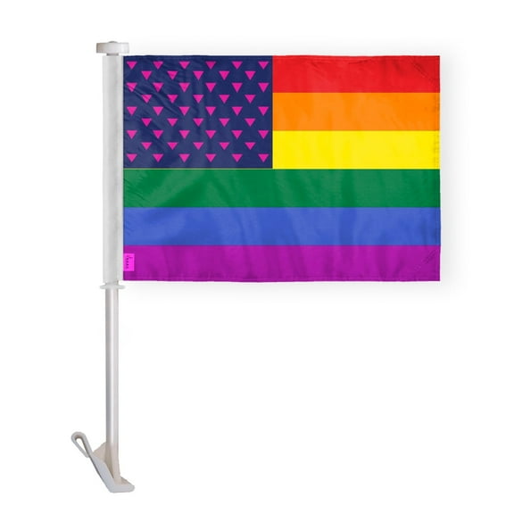 AGAS New Old Glory Triangles Pride Car Window Flag 10.5x15 inch - Double Side Printed Wrap Knitted Polyester - 19 Inch White Plastic Unbreakable Pole Car Flag