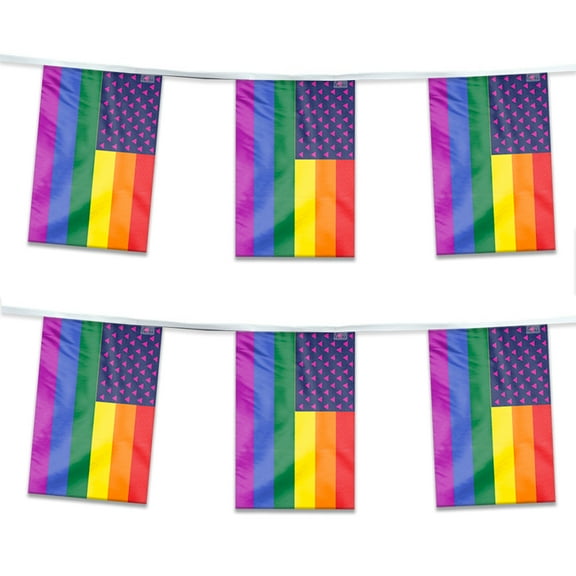 AGAS New Old Glory Triangles Pride Streamers for Party 60 Ft long - Printed Single Sided on Polyester Fabric - Stiched Edges - New Old Glory Triangles Pride Party Decoration with String