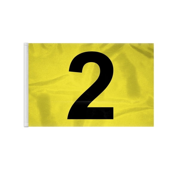 AGAS Numbered Golf Flags - 14x20 inch, Course No. 2. Yellow flags with black numbers. Outdoor nylon, 18 hole. Putting green flag tube #2.