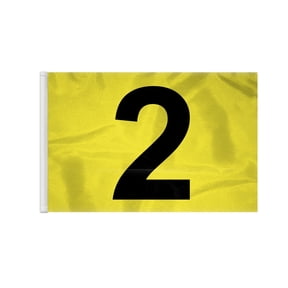 AGAS Numbered Golf Flags - 14x20 inch, Course No. 2. Yellow flags with black numbers. Outdoor nylon, 18 hole. Putting green flag tube #2.