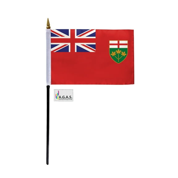 AGAS Ontario Canada Flag 4 x 6 inch - 11" Plastic Pole 100% Polyester Stitched Edges Canadian Province of Ontario Mini Flag on a Stick