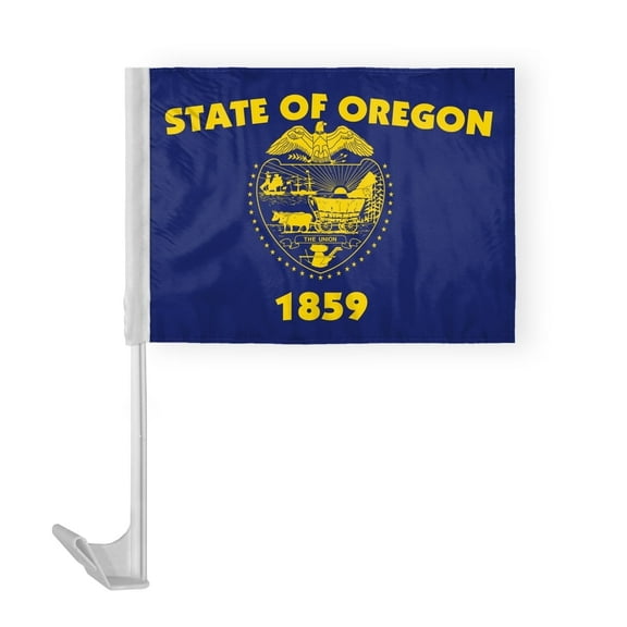 AGAS Oregon State Car Window Flag 12x16 Inch - Printed Polyester - 17 Inch White Plastic Flex Pole State of Oregon Car Flag