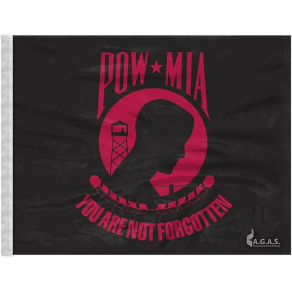 AGAS POW MIA Car Antenna Flag: 12x18 inch, 32x7/8 inch PVC Antenna Sleeve, Polyester "You are not Forgotten" Black and Red Seal Flag