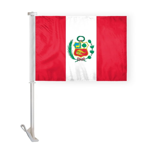 AGAS Peru with Official Seal Car Flag Premium 10.5x15 inch Double Stitched Edges Double Sided Print on Superknit Polyester 19 Inch White Plastic Unbreakable Stiff Pole