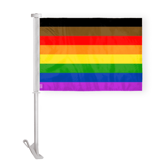 AGAS Philadelphia Rainbow Pride POC Car Window Flag 10.5x15 inch - Double Side Printed Wrap Knitted Polyester - 19 Inch White Plastic Unbreakable Pole Car Flag