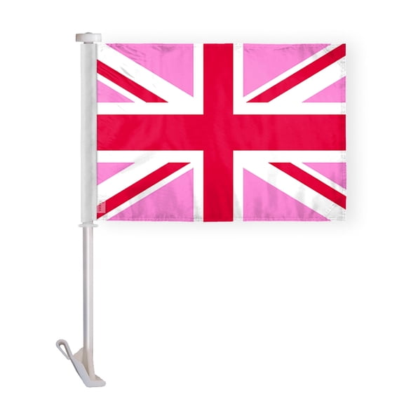 AGAS Pink Union Jack Car Window Flag 10.5x15 inch - Double Side Printed Wrap Knitted Polyester - 19 Inch White Plastic Unbreakable Pole Car Flag