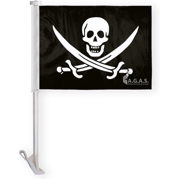 AGAS Pirate Catain Jack Rackham Premium Car Window Clip-On Flag: Double-Sided Wrap Knitted Polyester with Stitched Seams and 19" Plastic Stiff Pole.