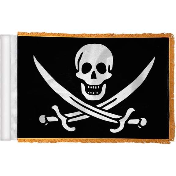AGAS Pirate Jack Rackham Antenna Flag For Cars with Gold Fringe 4"x6" 100% Polyester - Stitched Edges - Plastic Mounting Clip - Gold Fringed Pirate Flag for Automobiles - Waves as you drive