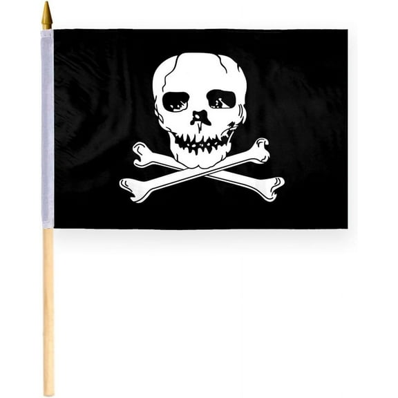 AGAS Pirate - Jolly Roger - Flag 12x18 inch Stick Flag - Polyester Fabric 24 inch tall Natural Wood Pole - Skull and Bones Stick Flag