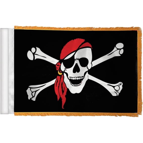 AGAS Pirate One Eyed Jack Antenna Flag For Cars with Gold Fringe 4"x6" 100% Polyester - Stitched Edges - Plastic Mounting Clip - Gold Fringed Pirate Flag for Automobiles - Waves as you drive