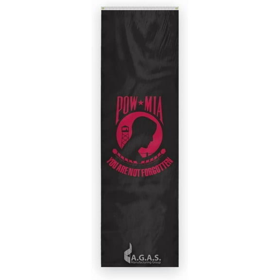 AGAS Pow Mia Flag Pulldowns 20 inch x 8 ft - Printed Single Sided on Heavy Duty 200D Nylon - Alternate Black and Red Stripes - Canvas Header Brass Grommets - You are not Forgotten Banner.