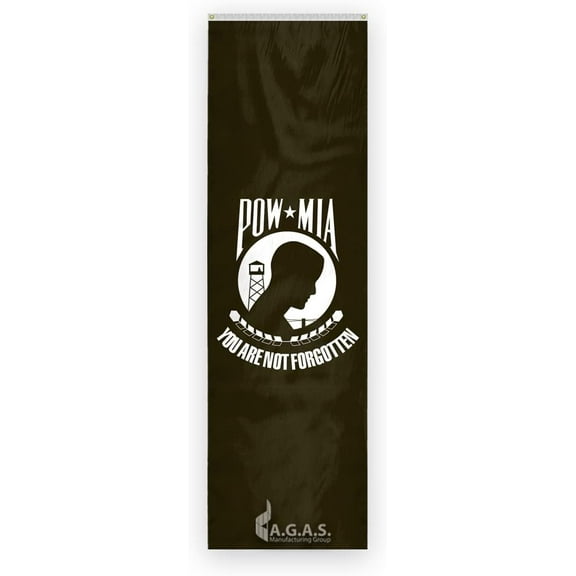 AGAS Pow Mia Flag Pulldowns 20 inch x 8 ft - Printed Single Sided on Heavy Duty 200D Nylon - Alternate Black and White Stripes - Canvas Header Brass Grommets - You are not Forgotten Banner.