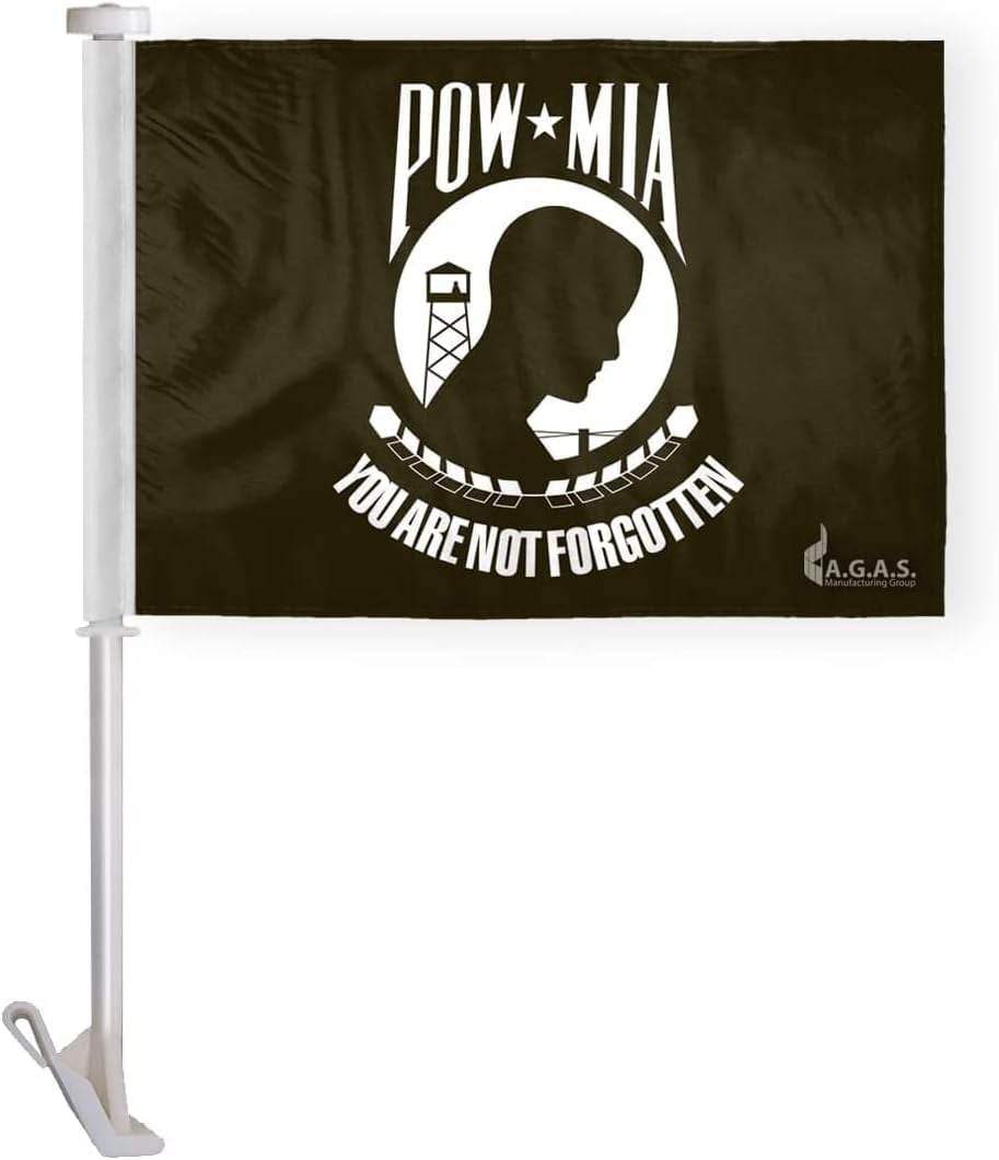 AGAS Pow Mia Premium Car Flag 10.5x15 inch - Attached to 19" Unbreakable Pole - Printed Double Sided Polyester - You are not Forgotten Heavy Duty Car Flag with Window Clip.