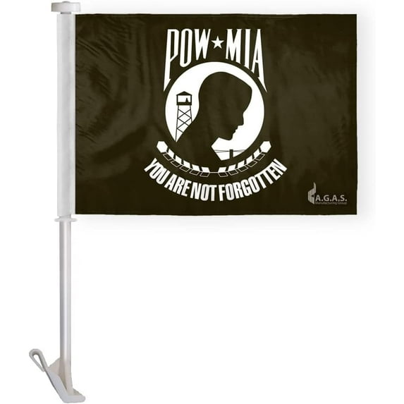 AGAS Pow Mia Premium Car Flag 10.5x15 inch - Attached to 19" Unbreakable Pole - Printed Double Sided Polyester - You are not Forgotten Heavy Duty Car Flag with Window Clip.