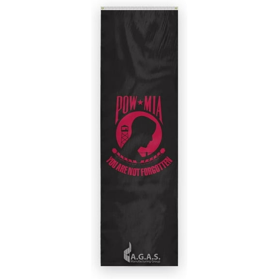 AGAS Pow-Mia Pulldowns 20 inch x 12 ft - Printed Single Sided on Heavy Duty 200D Nylon - Alternate Black and Red Stripes - Canvas Header Brass Grommets You are not Forgotten Banner.