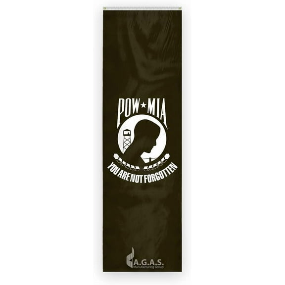 AGAS Pow-Mia Pulldowns 20 inch x 12 ft - Printed Single Sided on Heavy Duty 200D Nylon - Alternate Black and White Stripes - Canvas Header Brass Grommets You are not Forgotten Banner.