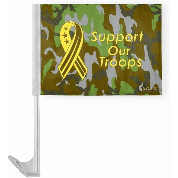 AGAS Premium 10.5x15 inch US Support Our Troops Car Flag- Camouflage Military Car Flag - Attached to 17 inch White Plastic Flex Pole