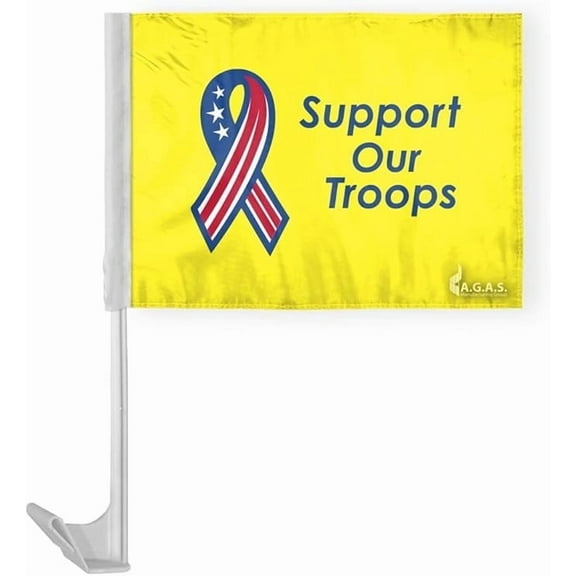 AGAS Premium 10.5x15 inch US Yellow Support Our Troops Military Car Flag - Attached to 17 inch White Plastic Flex Pole