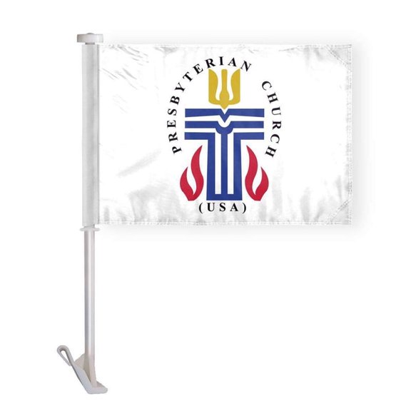 AGAS Presbyterian Premium Car Flag 10.5x15 inches - Double Sided, Wrap Knitted Polyester, 19" Pole