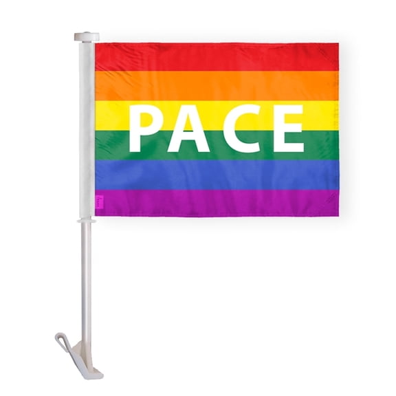 AGAS Rainbow Pace Letter Car Window Flag 10.5x15 inch - Double Side Printed Wrap Knitted Polyester - 19 Inch White Plastic Unbreakable Pole Car Flag