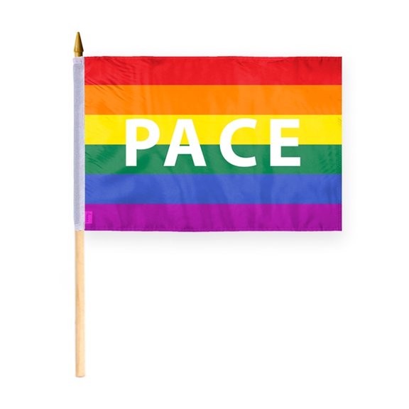 AGAS Rainbow Pace Letter Stick Flag 12x18 inch Flag on a 24 inch Wooden Flag Stick - Sewn Edges Fade Resistant Polyester - Pace Pride Handheld Stick Flag