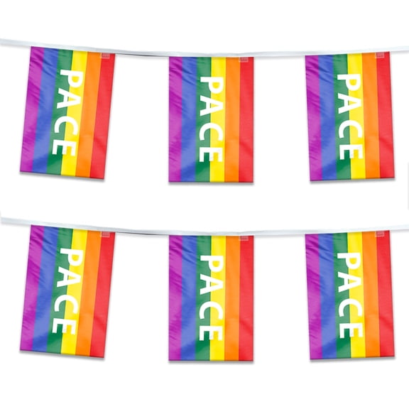 AGAS Rainbow Pace Letter Streamers for Party 60 Ft long - Printed Single Sided on Polyester Fabric - Stiched Edges - Pace Pride Party Decoration with String