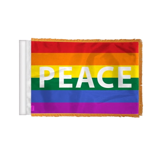 AGAS Rainbow Peace Antenna Aerial Flag For Cars with Gold Fringe 4x6 inch - Printed Wrap Knitted Polyester Stitched Edges - Plastic Mounting Clip - Gold Fringed Peace Pride Flag for Automobiles