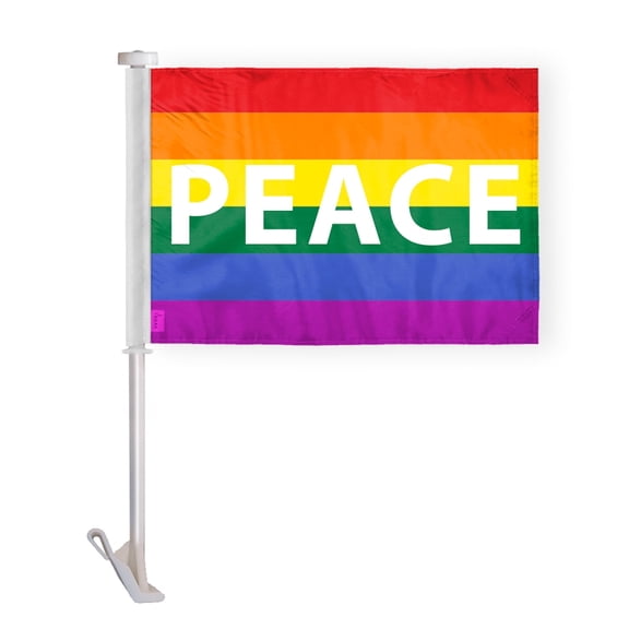 AGAS Rainbow Peace Car Window Flag 10.5x15 inch - Double Side Printed Wrap Knitted Polyester - 19 Inch White Plastic Unbreakable Pole Car Flag