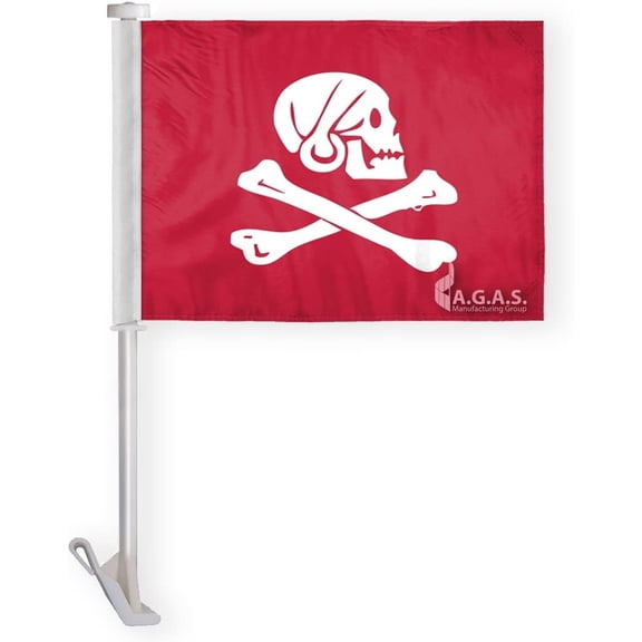 AGAS Red Pirate Henry Every Premium Car Window Clip-On Flag: Double-Sided Wrap Knitted Polyester with Stitched Seams and 19" Plastic Stiff Pole.