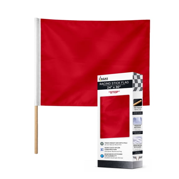 AGAS Red Stop Racing Flag 24x30 inch – Heavy Duty Nylon, Stitched, Mounted on 30 inch Wood Pole.
