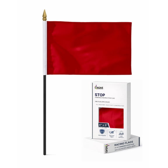 AGAS Red Racing Flag Stop Race Stick Flag 4x6 inch - Mounted on 11 inch Black Plastic Pole - Printed Single Sided on Polyester - Stitched Edges - Sports Professional Racing Flags.