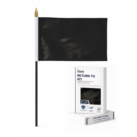 AGAS Return To Pit Racing Stick Flag 4x6 inch - Mounted on 11 inch Black Plastic Pole - Printed Single Sided on Polyester Fabric - Solid Black Racing Flag - Sports Professional Racing Flags.