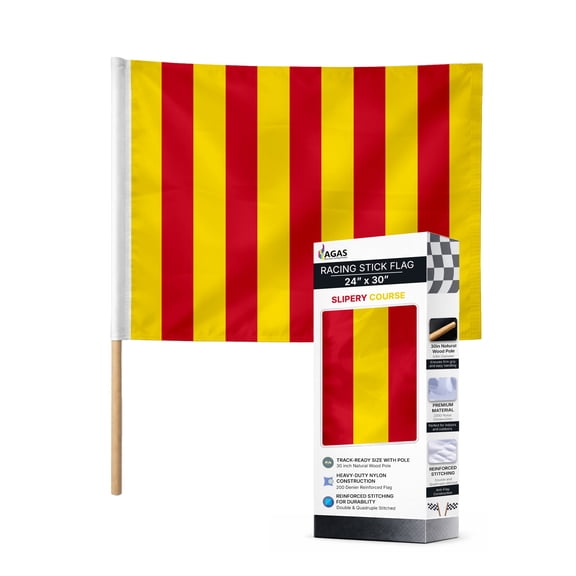 AGAS Slippery Surface Oil Racing Stick Flag 24x30 inch - Mounted on 30 inch Natural Wood Pole - Heavy Duty 200D Nylon - Red and Yellow Stripes Large Racing Flag - Sports Professional Racing Flags.