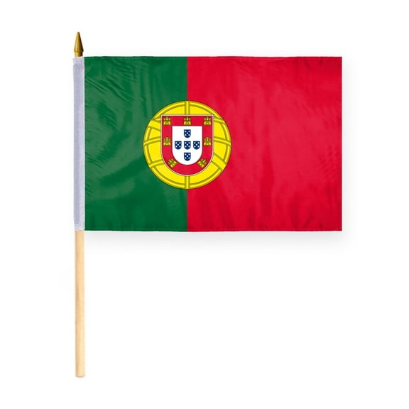 AGAS Small 12" x 18" 12x18 inch Portugal Hand Flag Polyester material Double Stitched 24" Wood Stick Handheld Mini Portuguese Flag on Stick