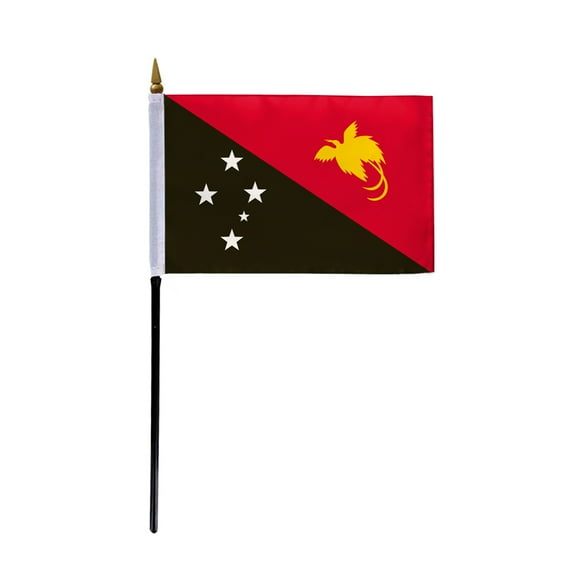AGAS Small 4" x 6" 4x6 inch Papua New Guinea Hand Flag Polyester material Stitched Edges 11" Plastic Stick Papuan Hand Held Mini Small Stick Flags