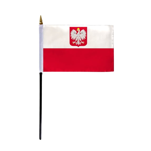 AGAS Small 4" x 6" 4x6 inch Poland State Ensign Hand Flag Polyester material Stitched Edges 11" Plastic Stick Polish Hand Held Mini Small Stick Flags