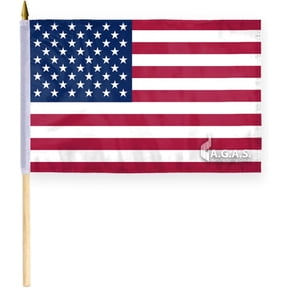 AGAS Small American Flags on Stick - 12 x 18 inch - 5 mil Plastic - 18 inch Natural Wood Straw Pole - Mini USA Handheld Flag.