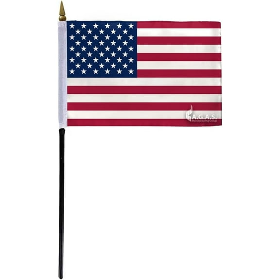 AGAS Small American Flags on Stick - 4 x 6 inch - 5 mil Plastic - 10 inch Black Plastic Straw Pole - Mini USA Handheld Flag.