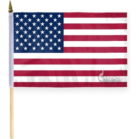 AGAS Small American Flags on Stick - 6 x 9 inch - Printed Polyester - 18 inch Natural Wood Pole with Gold Spear Top - Mini USA Handheld Flag.