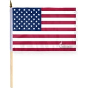 AGAS Small American Flags on Stick - 8 x 12 inch - Soft Cotton - 18 inch Natural Wood Pole with Gold Spear Top - Mini USA Handheld Flag.
