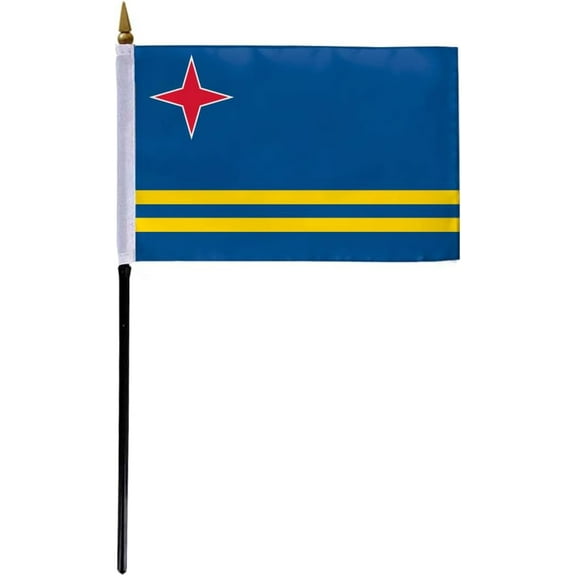 AGAS Small Aruba Flag 4x6 inch mounted onto 11 inch Plastic Pole Polyester Fabric Stitched Edges Aruba Desk Flags