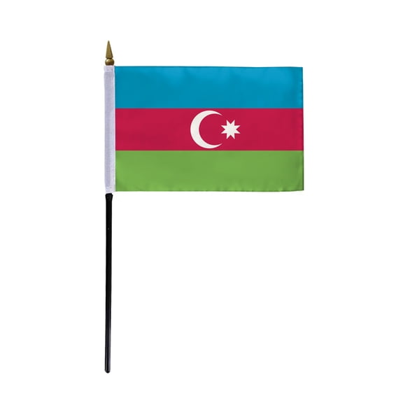 AGAS Small Azerbaijan 4x6 inch Flag mounted onto 11 inch Plastic Pole Polyester Fabric Stitched Edges Azerbaijan Hand Held Mini Small Stick Flags