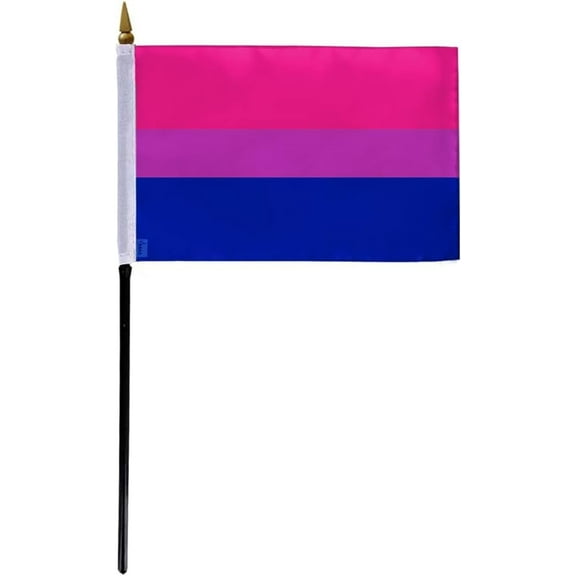 AGAS Small Bi Pride Flag 4x6 inch Flag on a 11 inch Plastic Stick - Sewn Edges Fade Resistant Polyester - Bisexual Handheld Flag