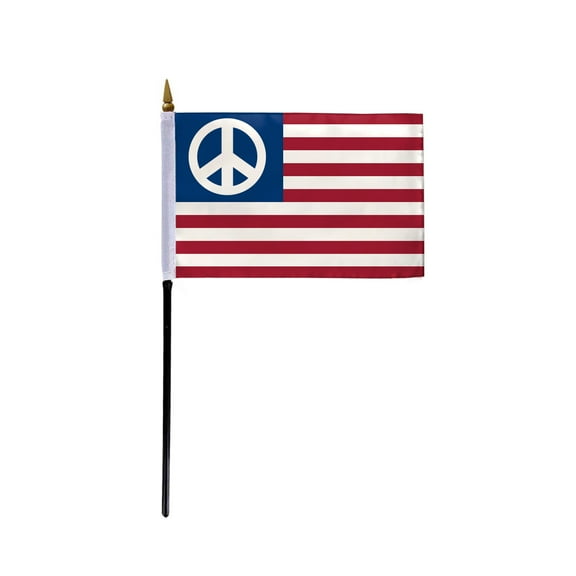 AGAS Small Handheld USA United States US Peace Stick Flag - 4x6 inch Polyester Material with 11" Plastic Stick - Mini American Flag with Peace Sign