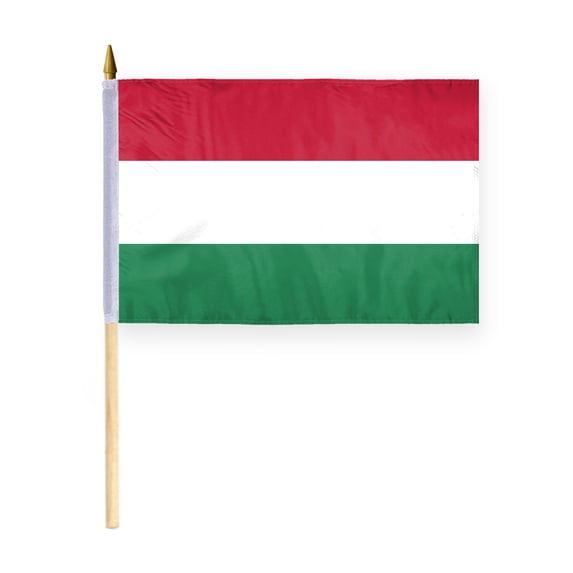 AGAS Small Hungary National Flag 12x18 inch mounted onto 24 inch Wood Pole Polyester Fabric Double Stitched Handheld Mini Hungary Flag on Stick
