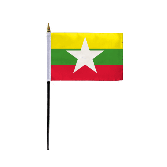 AGAS Small Myanmar Flag 4x6 inch mounted onto 11 inch Plastic Pole Polyester Fabric Stitched Edges Myanmar Desk Flags